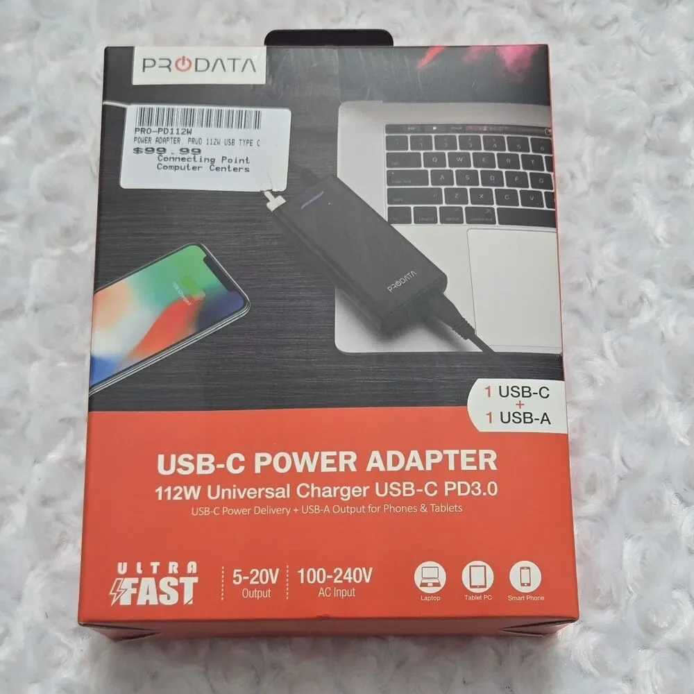 PRODATA 112W USB-C Power Adapter PD3.0 Universal Charger, USB-C & USB-A, Black